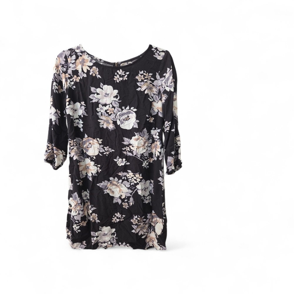 Old Navy Black Floral Print Three Quarter Sleeve Dress Small - Picture 6 of 8